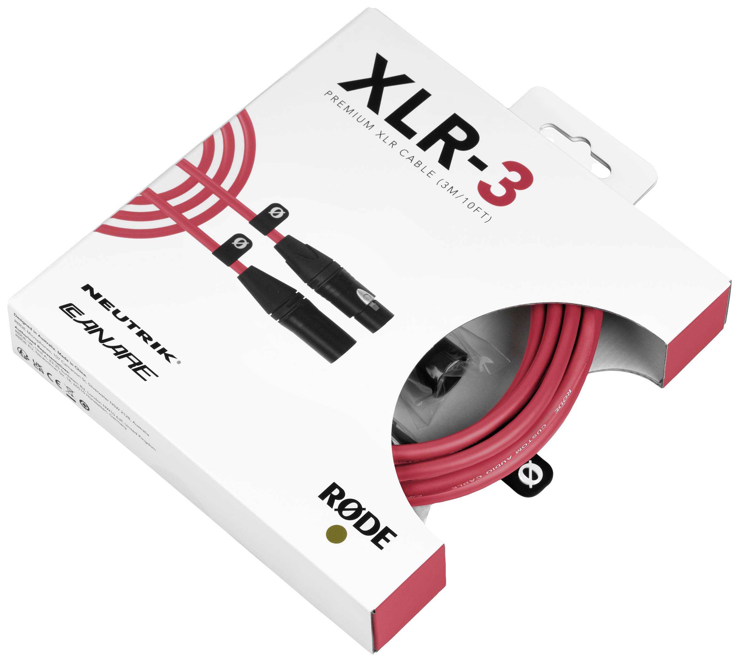 Balenie červeného XLR kábla 'XLR-3' od firmy RØDE, Neutrik EAN. Zobrazuje dva káblové konektory a je určené pre mikrofóny.