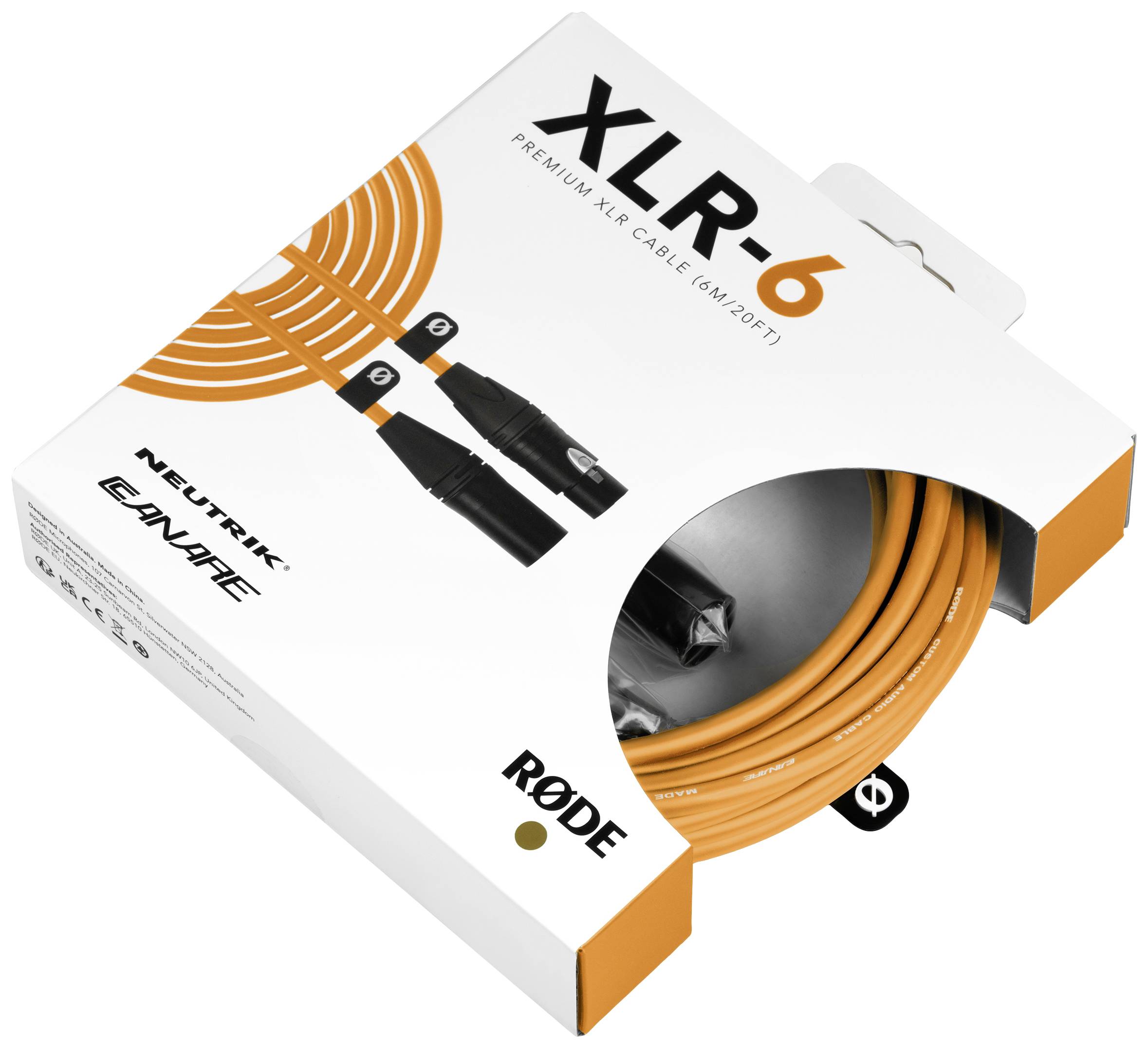 Balenie oranžového XLR kábla značky RØDE, dlhého 6 metrov. Text na obale: 'XLR-6 Prémiový XLR kábel (6m/20ft)'