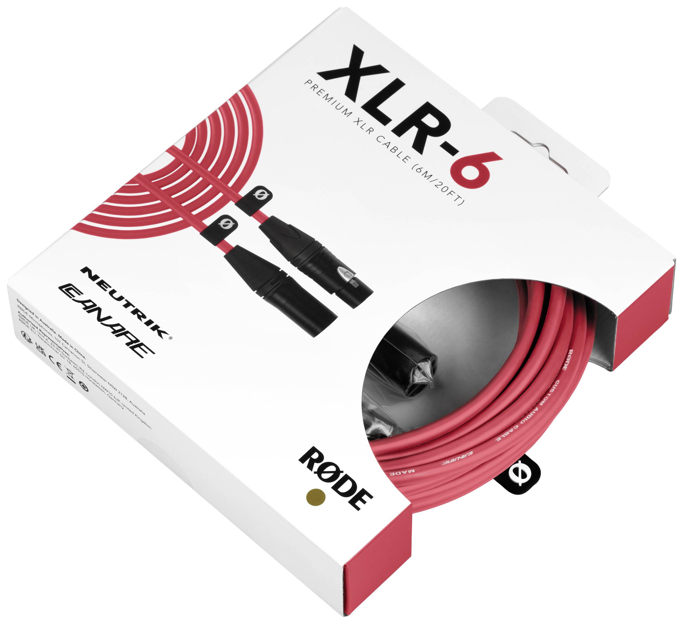 XLR-6 Premium XLR kábel v červenej krabici, zobrazený s káblom a konektormi na obale. Značky: Neutrik, Canare, Rode.