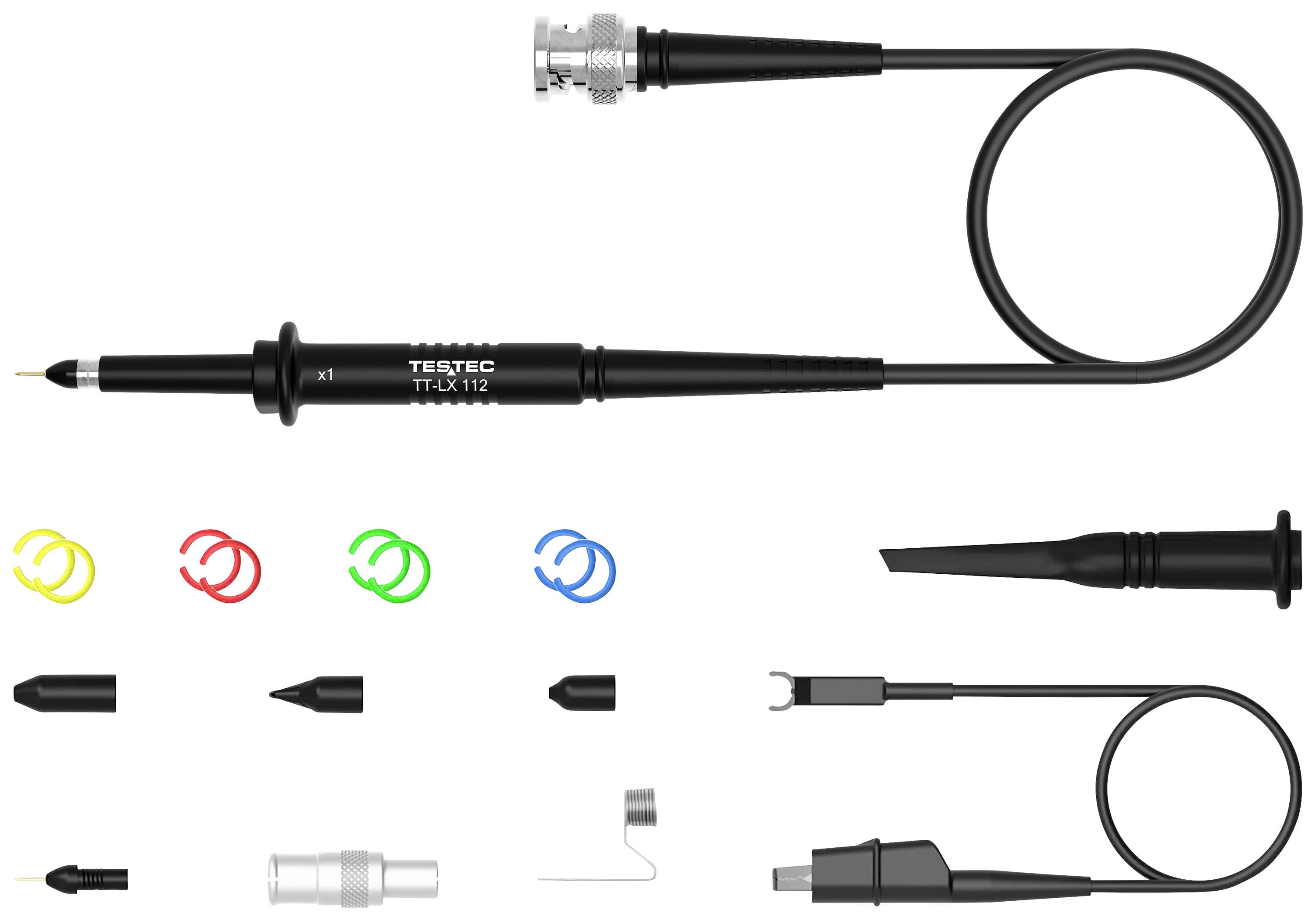 Osciloskopická sonda TEKTLX-112 s odpojiteľným káblom, rôznofarebným označením a vymeniteľnými hrotmi.