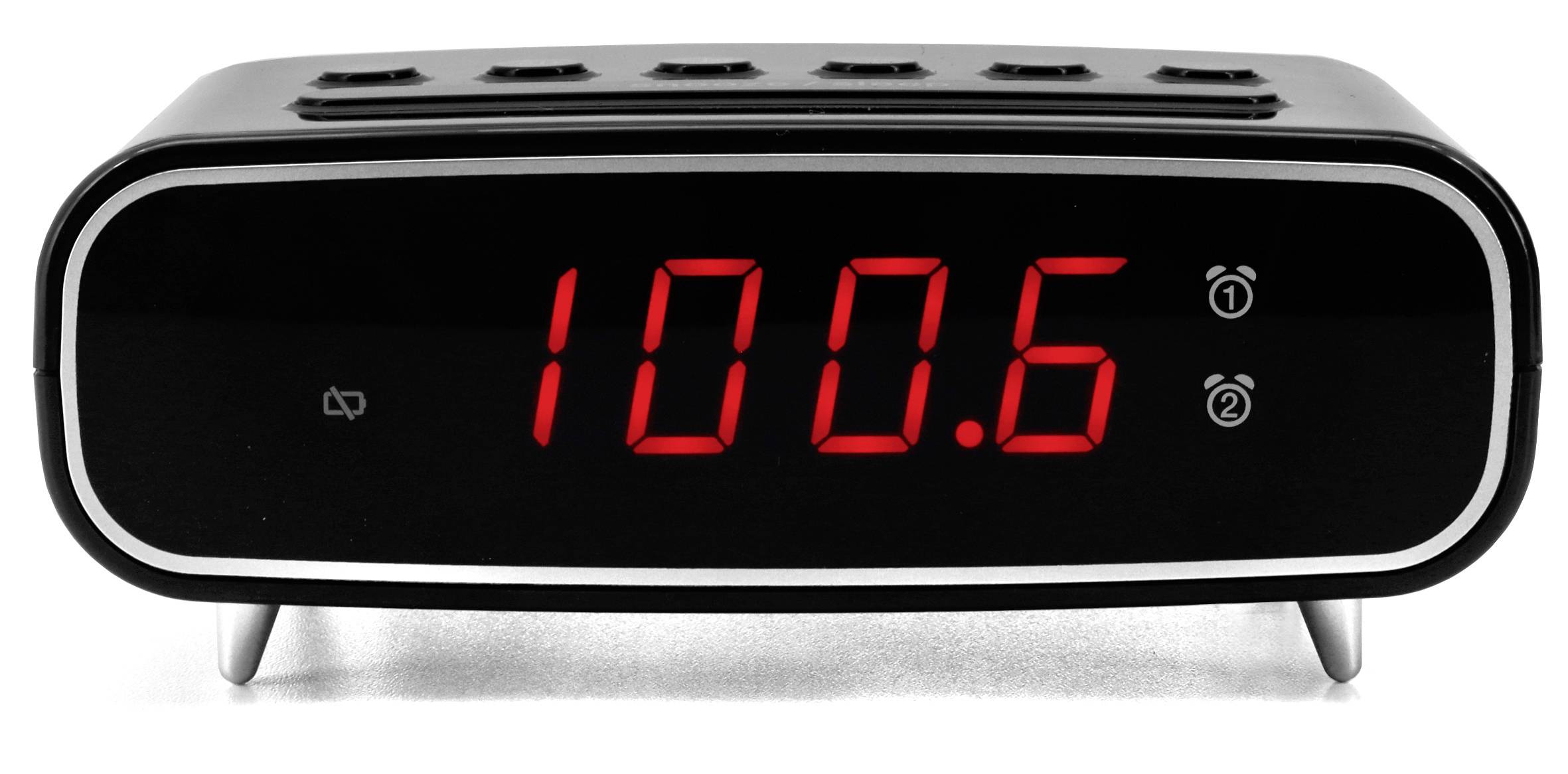 Čierne digitálne rádio zobrazuje frekvenciu 100,6. Sú viditeľné dva symboly budíka, pravdepodobne pre dva rôzne časy budenia.