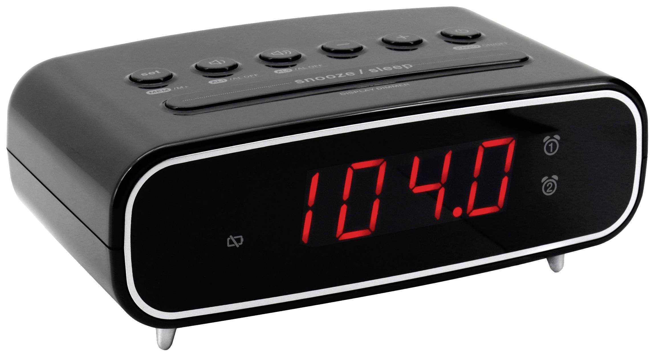 Čierny rádiobudík s digitálnym displejom, ktorý zobrazuje '104.0'. Na vrchu sa nachádza päť ovládacích tlačidiel.