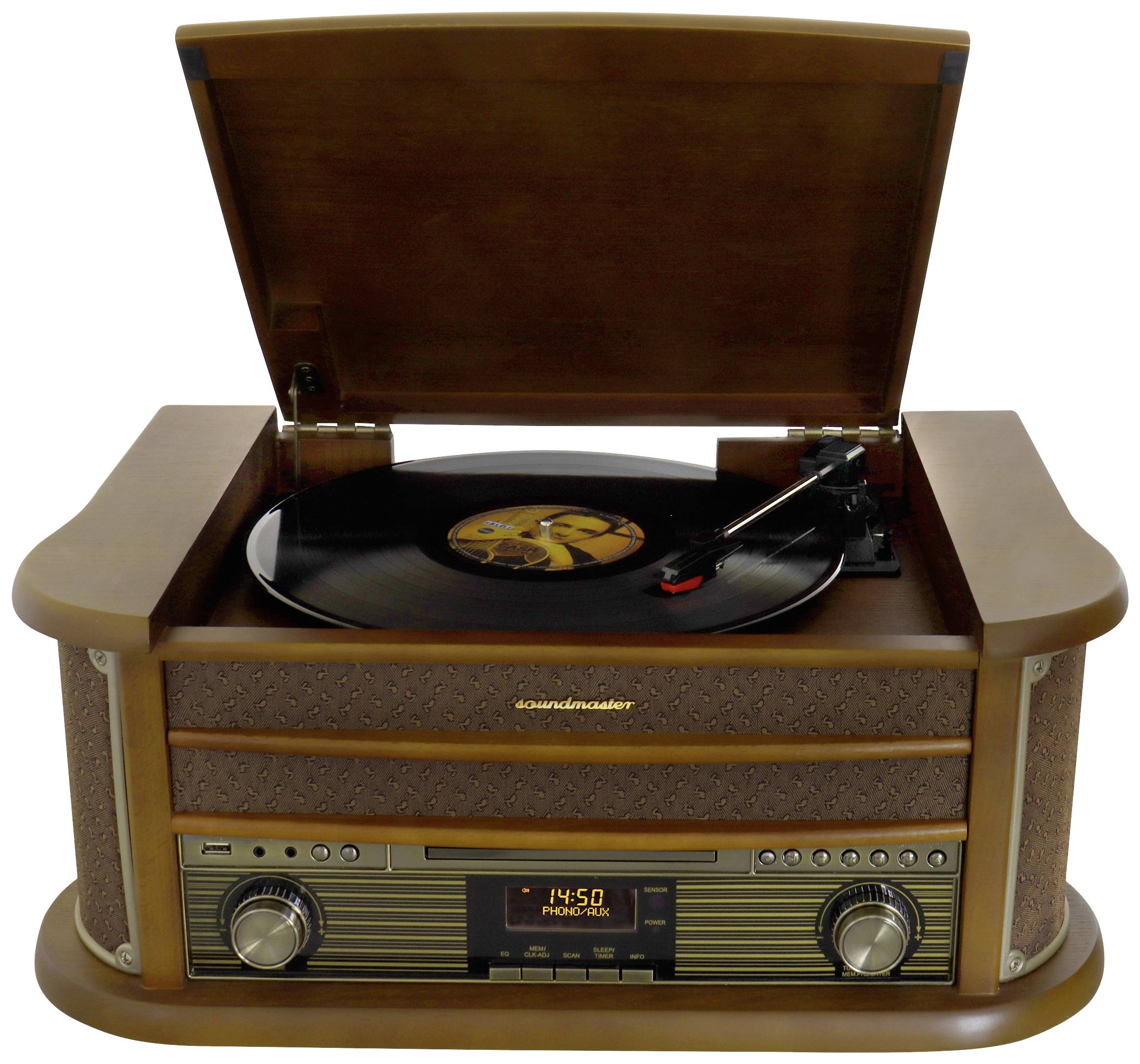 Retro gramofón s otvoreným krytom prehráva vinylový záznam. Drevená skrinka a integrované rádio s digitálnym displejom.