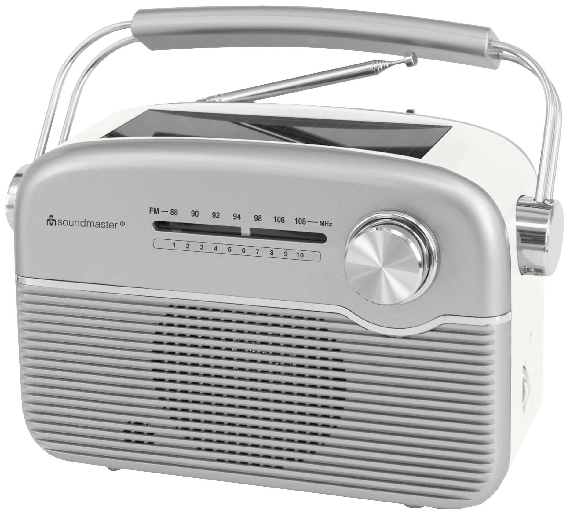 Retro rádio so strieborným krytom, veľkým ovládačom hlasitosti, analógovým ukazovateľom frekvencie a vyťahovacou anténou na vrchu.