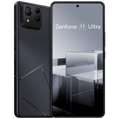 Dva smartfóny, pohľad spredu a zozadu, na sivom pozadí. Obrazovka zobrazuje 'Zenfone 11 Ultra', moderne a elegantne.