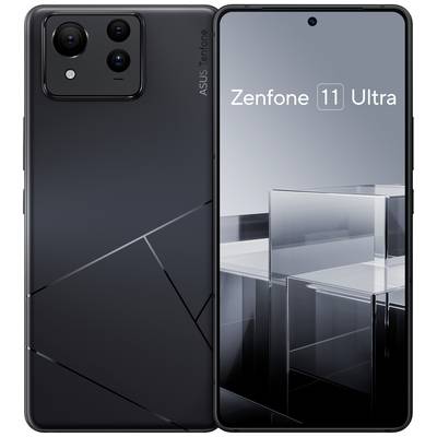 Dva čierne smartfóny s modernými dizajnmi; vľavo zadná strana s geometrickými líniami, vpravo predná strana s nápisom 'Zenfone 11 Ultra' na displeji.