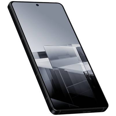 Smartfón s čiernym obalom, sfotografovaný v šikmom pohľade z boku. Na displeji je futuristický geometrický dizajn v odtieňoch sivej.