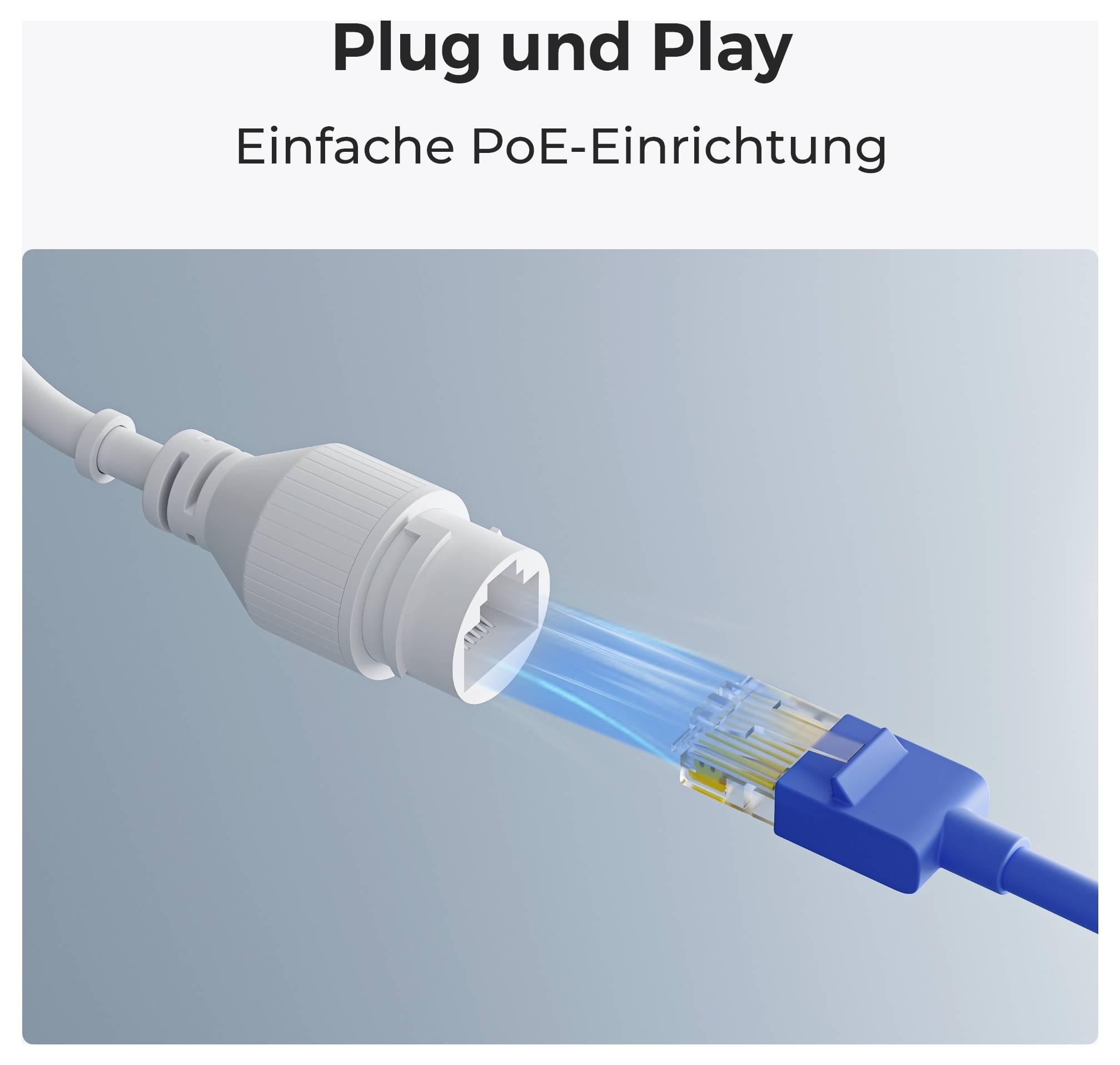 Biely kábel sa pripája k modrému konektoru so svetelnými lúčmi, čo znázorňuje 'Plug and Play' a 'Jednoduchú PoE inštaláciu'.