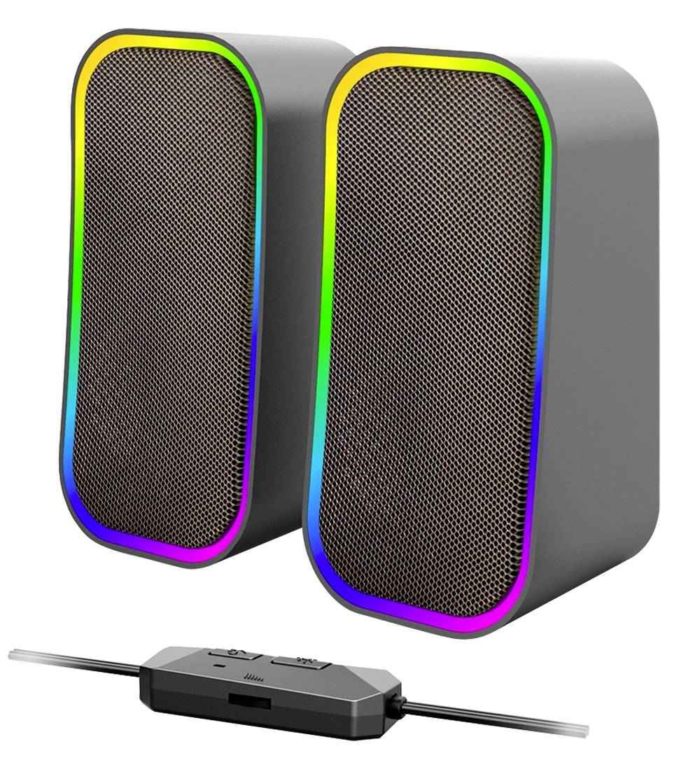 Dva sivé reproduktory so farebnými LED okrajmi a diaľkovým ovládačom, ktoré sa používajú na audio výstup.
