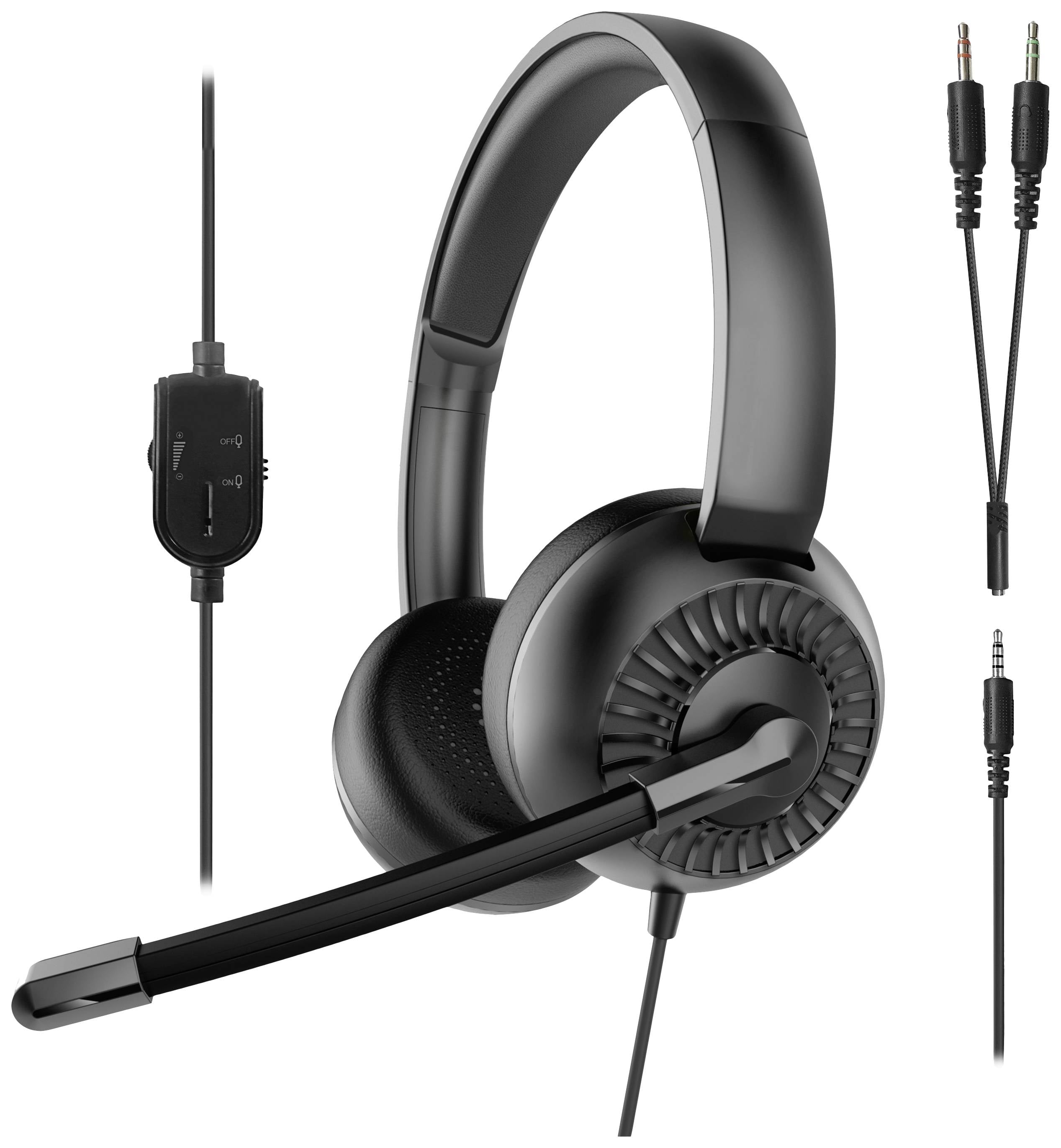 Čierna káblová headset so sklápateľným mikrofónom, ovládaním hlasitosti na kábli a dvojitou zástrčkou pre audio a mikrofón.