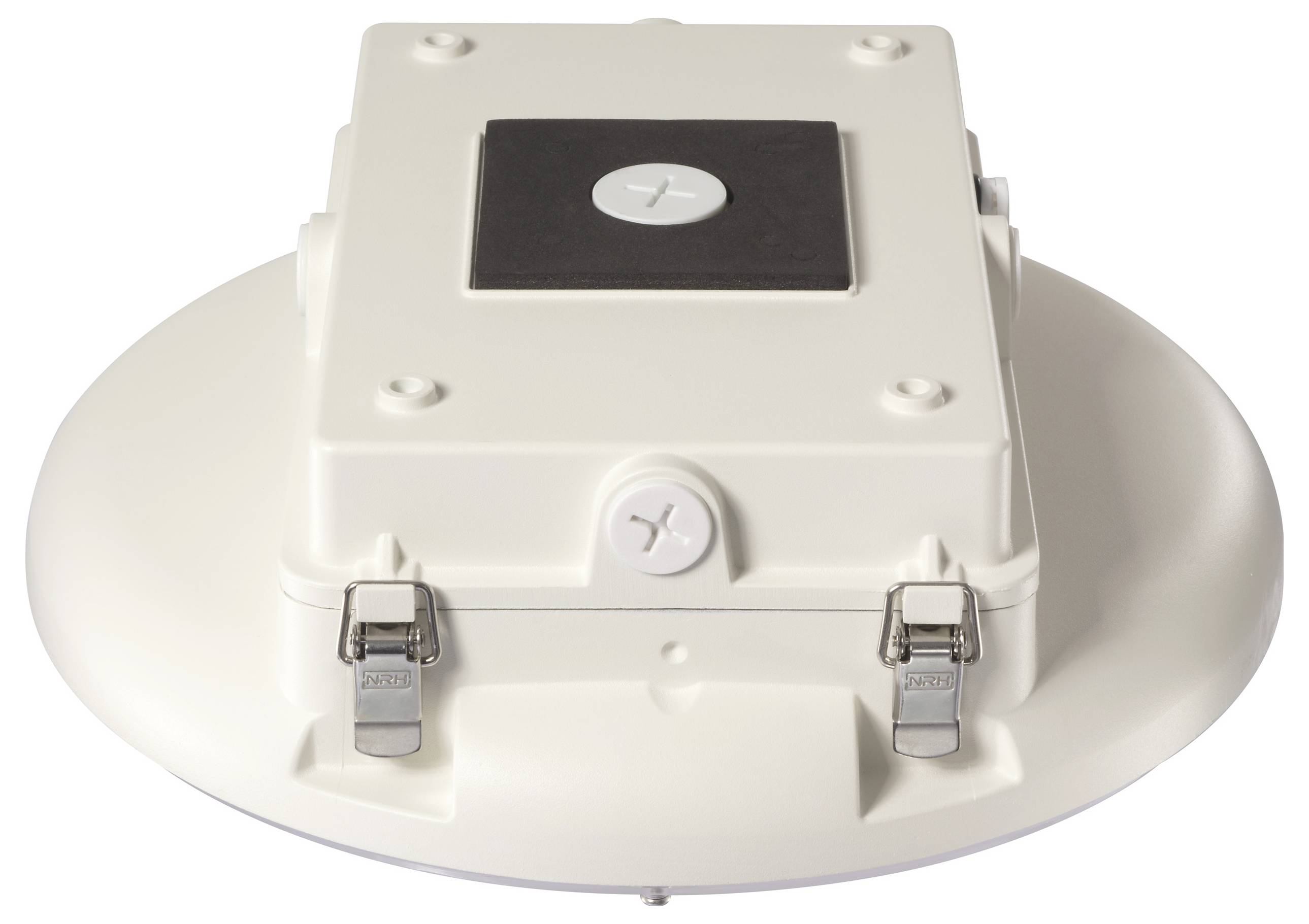 Biele, okrúhle zariadenie s kovovými zámkami a centrálnym krytom na hornej strane. Účel neznámy.