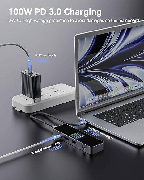 Notebook pripojený k USB rozbočovaču, ktorý je zapojený do napájacieho zdroja. Text: '100W PD 3.0 Charging', popisuje nabíjanie vysokého výkonu.