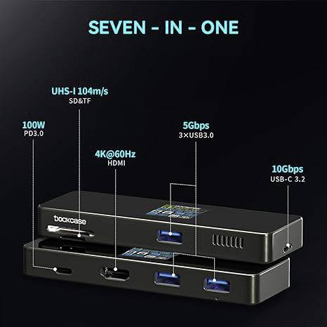 USB-C hub so siedmimi portami: 3x USB 3.0, HDMI 4K@60Hz, UHS-I SD/TF, USB-C 3.2 10Gbps, 100W PD 3.0. Čierny s modrým označením.