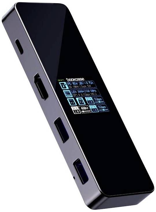 USB rozbočovač s viacerými portami, vrátane HDMI a USB, zobrazuje informácie o pripojených zariadeniach na displeji.