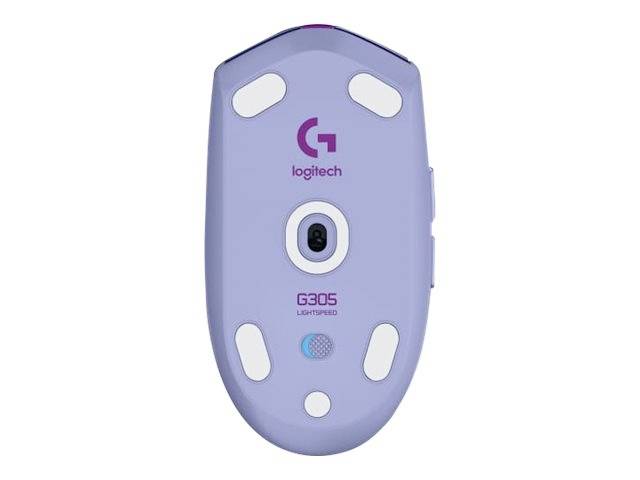 Fialová počítačová myš z pohľadu zdola so senzorom a myšacími nožičkami, značka 'Logitech', model 'G305 Lightspeed'.