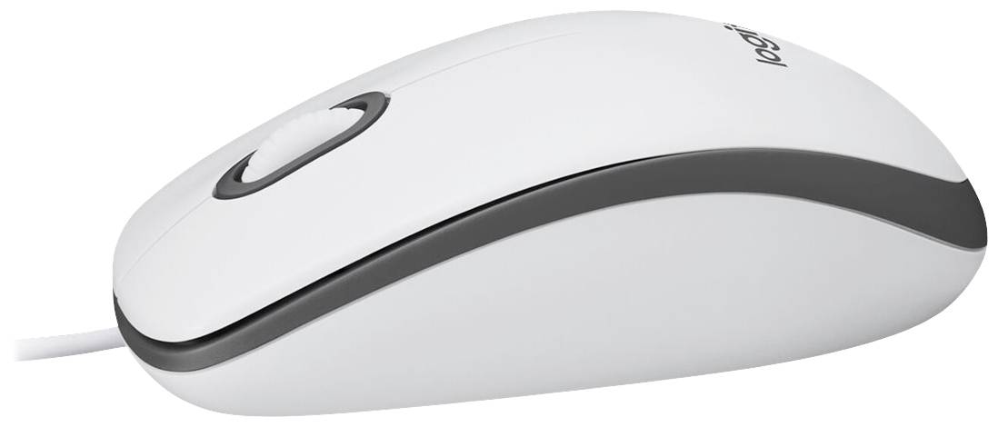 Biela počítačová myš s čiernym pruhom, jednoduchý ergonomický tvar, hore viditeľné skrolovacie koliesko.