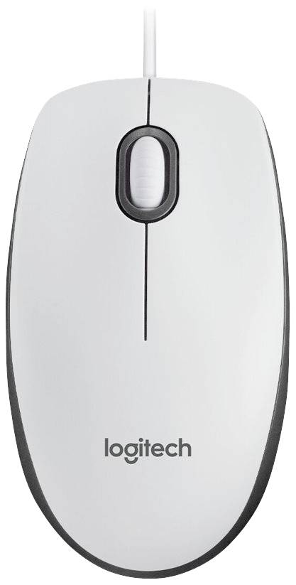 Biela drôtová počítačová myš s rolovacím kolieskom. Na povrchu označenie 'Logitech'.