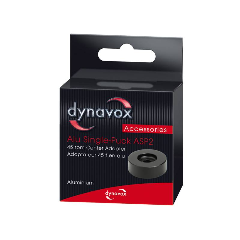 Obal hliníkového adaptéra Dynavox ASP2 pre gramofónové platne s rýchlosťou 45 otáčok za minútu. Vyrobený z hliníka.