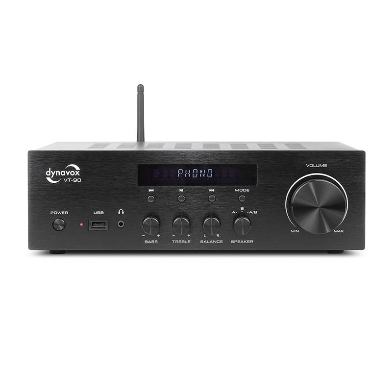 Čierny Dynavox VT-80 Hi-Fi zosilňovač s anténou, displej zobrazuje 'PHONO'. Ovládače pre basy, výšky, balance, reproduktory.