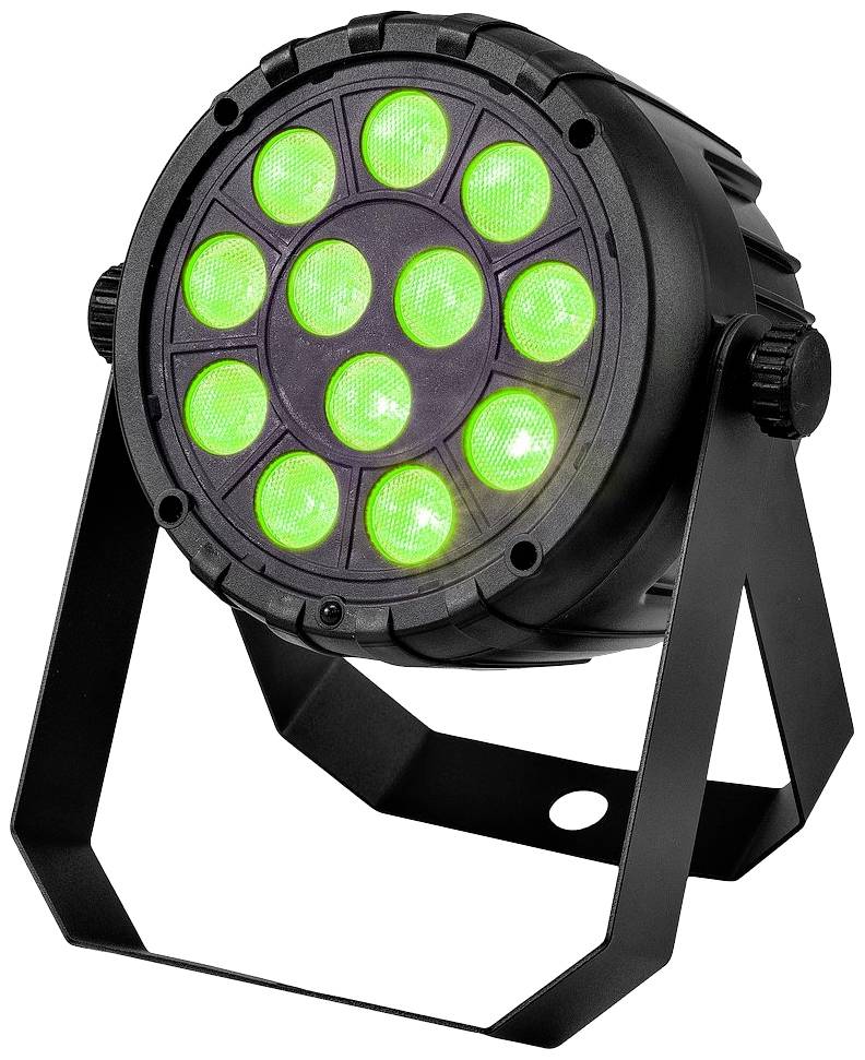 Čierny LED reflektor s viacerými zelenými svetlami, upevnený na nastaviteľnom stojane. Vhodný pre javiskové alebo párty osvetlenie.