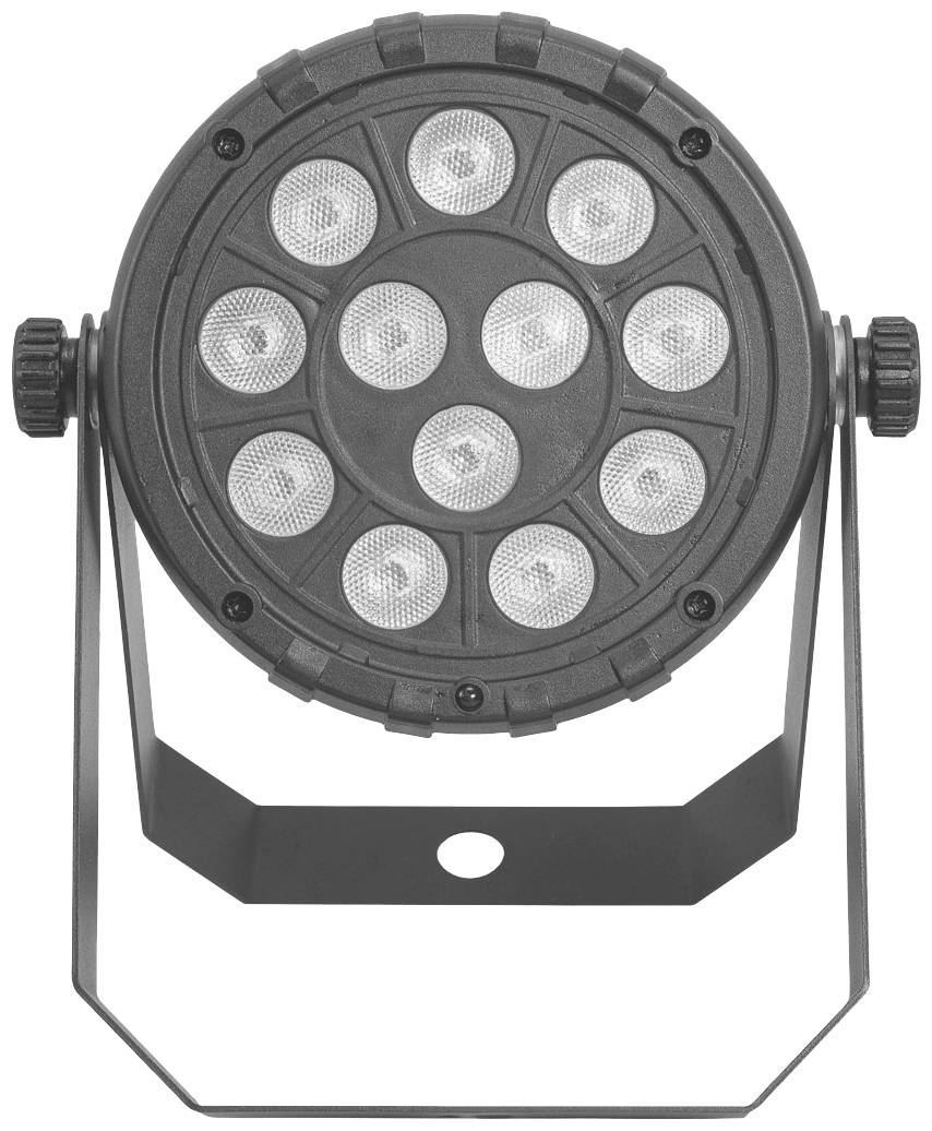 Čierny okrúhly LED reflektor s viacerými žiarovkami, namontovaný na nastaviteľnom stojane.