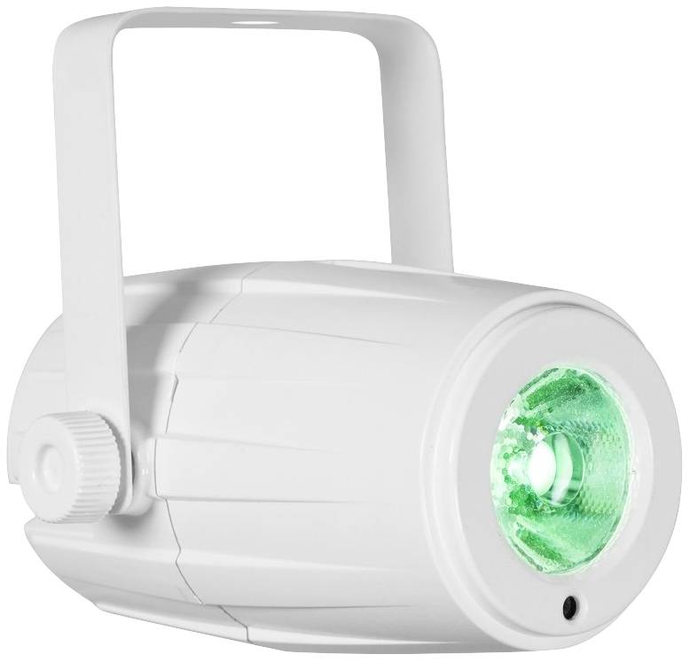 Biela LED javiskové svetlo so zeleným svetelným efektom, kompaktné a prenosné, vhodné pre malé podujatia alebo javiskové predstavenia.