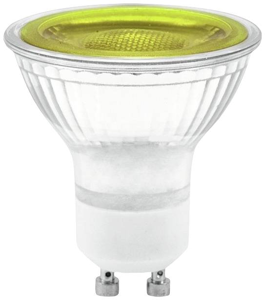 LED lampa so žltým skleneným krytom. Má pätica GU10, ktorá sa často používa pre stropné svietidlá.