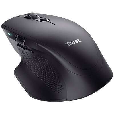 Čierna bezdrôtová počítačová myš značky 'Trust' s ergonomickým dizajnom a opierkou palca, tromi bočnými tlačidlami a LED indikátorom.