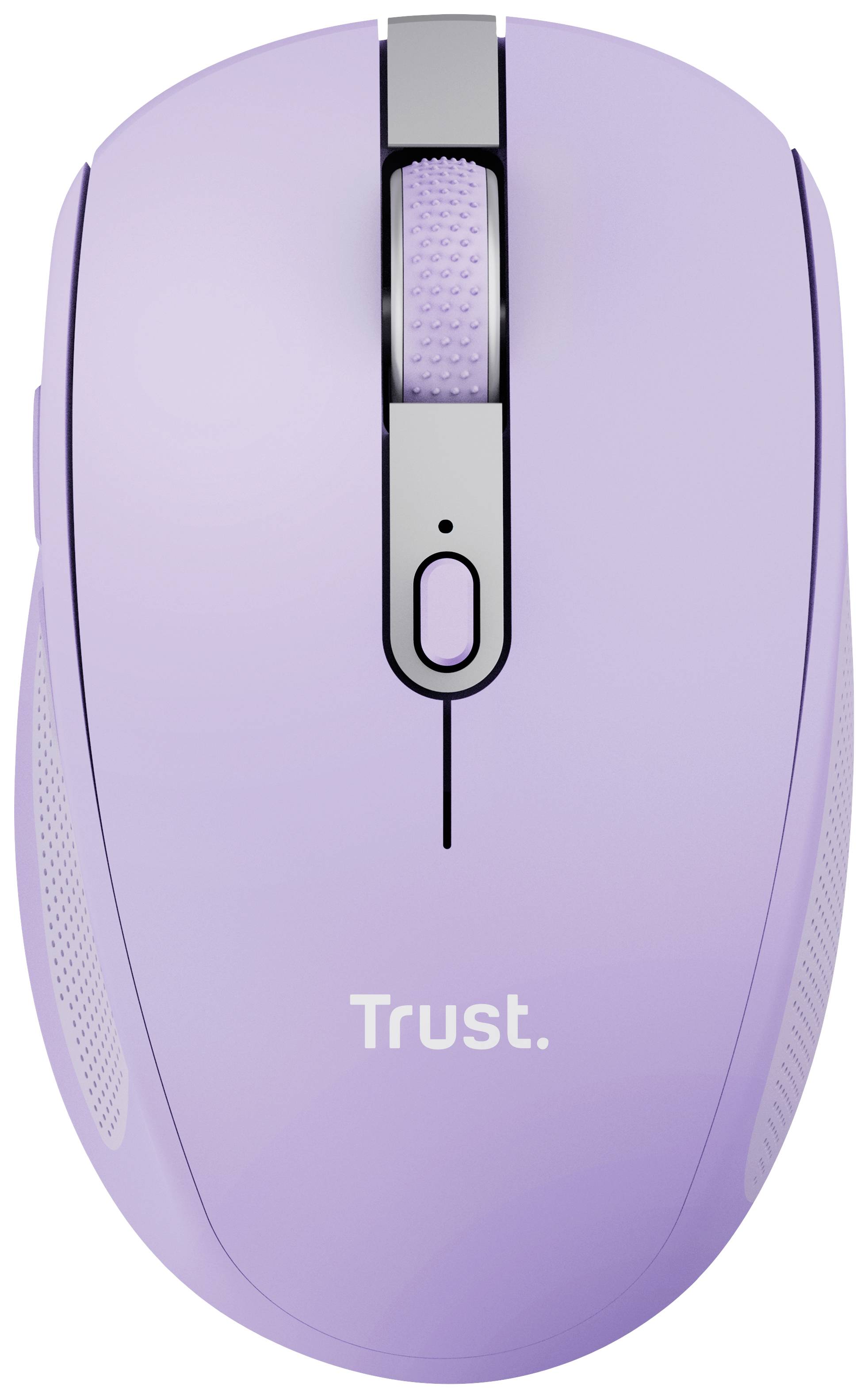Fialová bezdrôtová počítačová myš značky Trust, s rolovacím kolieskom a tlačidlami, kompaktná a ergonomická.