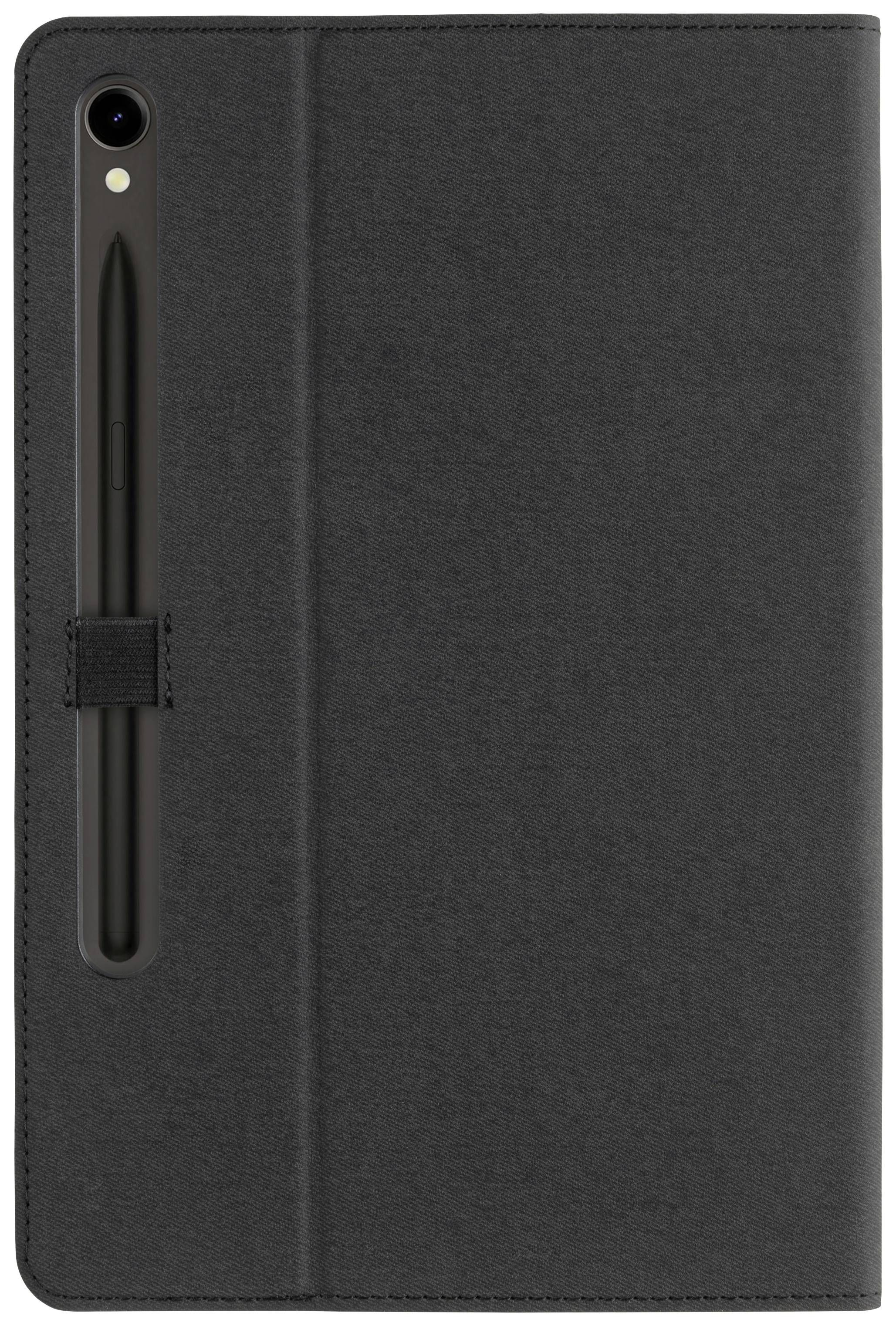 Čierne puzdro na tablet s držiakom na pero. Uzavretý dizajn zobrazuje zadnú stranu puzdra.