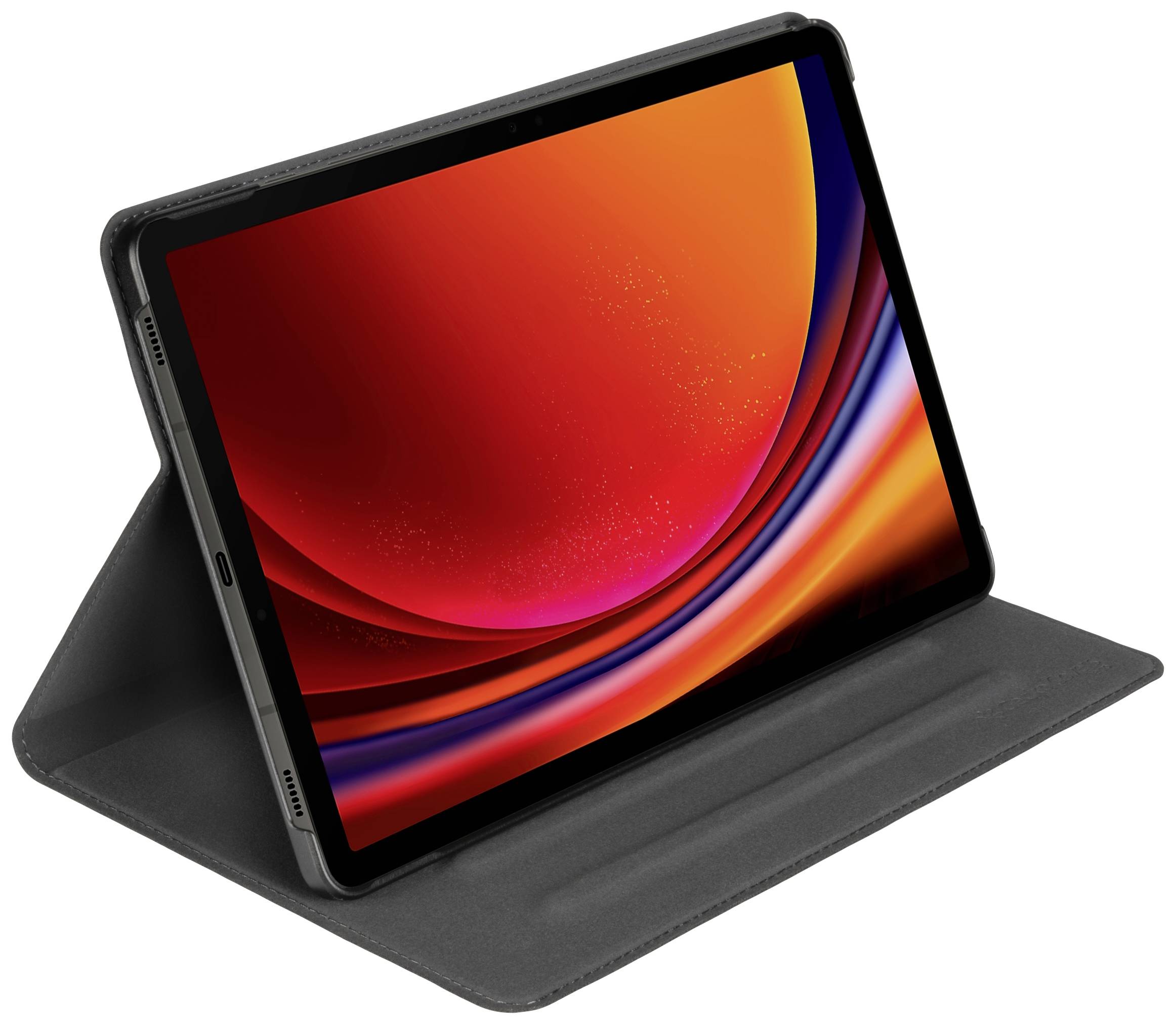 Tablet v čiernom ochrannom obale, displej zobrazuje abstraktný dizajn v červenej a oranžovej farbe.