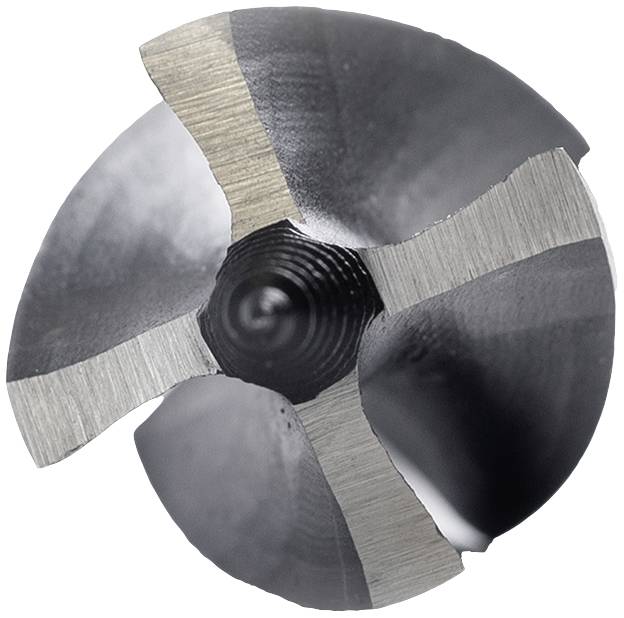 Pohľad zhora na hlavu rezného nástroja so štyrmi čepeľami, ktoré vytvárajú krížovitú konfiguráciu.