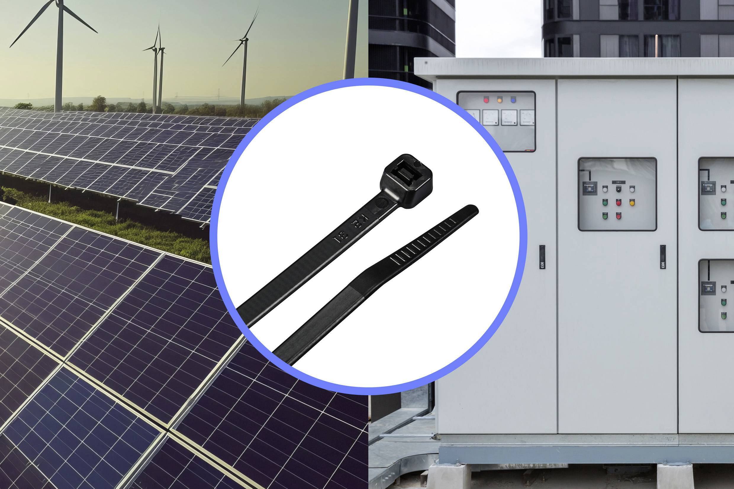 'Montáž obrázku: Vľavo solárna elektráreň a veterné turbíny, vpravo elektrické rozvádzače. V strede sťahovacie pásky ako spojovacie prvky.'