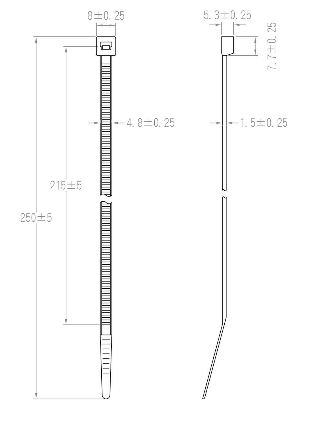 Technický výkres sťahovacieho pásku s rozmermi: dĺžka 250 mm, šírka 4,8 mm. Bočný pohľad zobrazuje uzamykací mechanizmus.