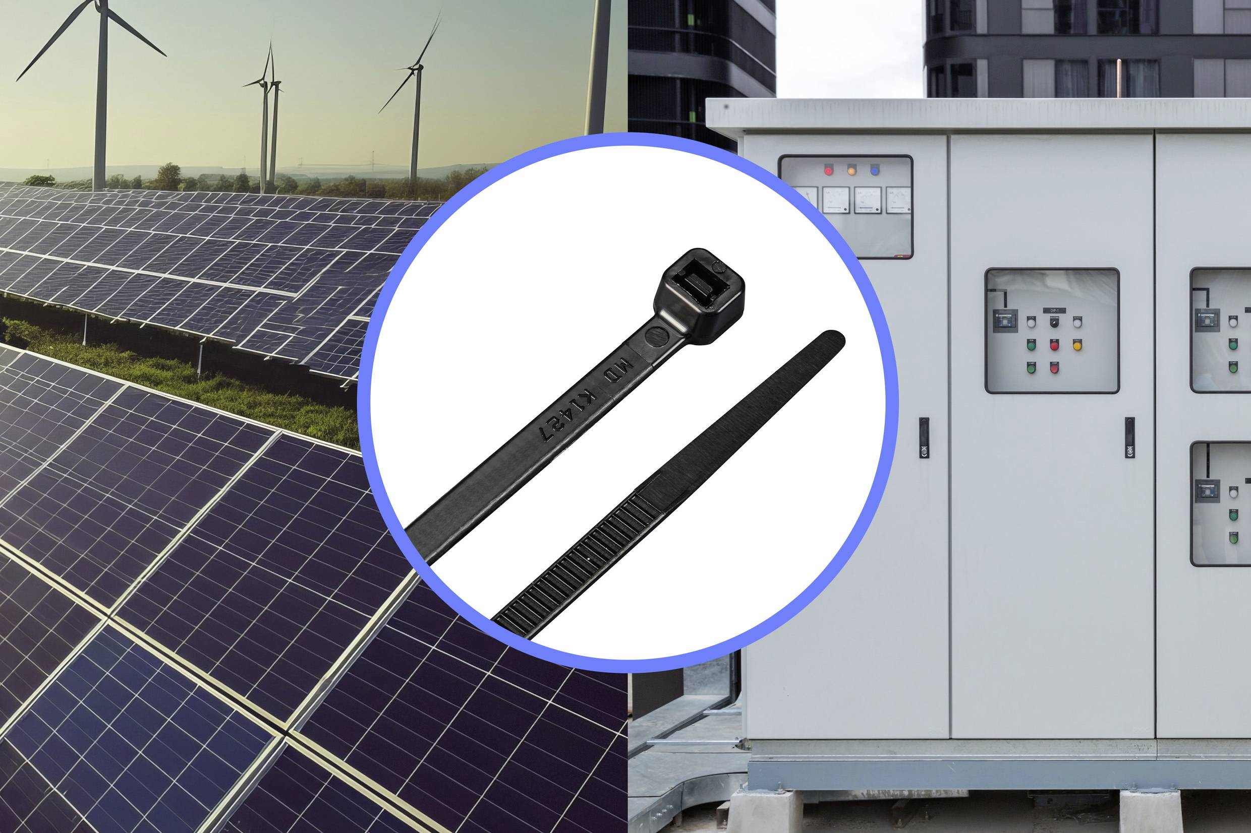Obrázok zobrazuje solárne a veterné elektrárne a sťahovací pásik, ktorý sa nachádza v kruhu v popredí. Vpravo je rozvodná skriňa.