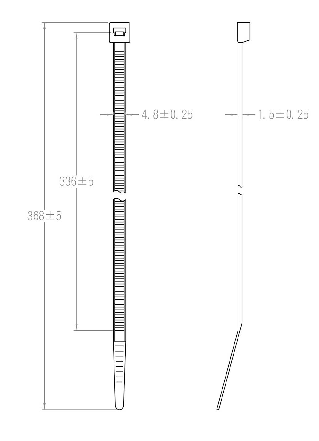 Diagram špecifikácie sťahovacieho pásku s dvoma pohľadmi: čelný a bočný. Rozmery sú 368±5 mm dĺžka, 4,8±0,25 mm šírka a 1,5±0,25 mm hrúbka.