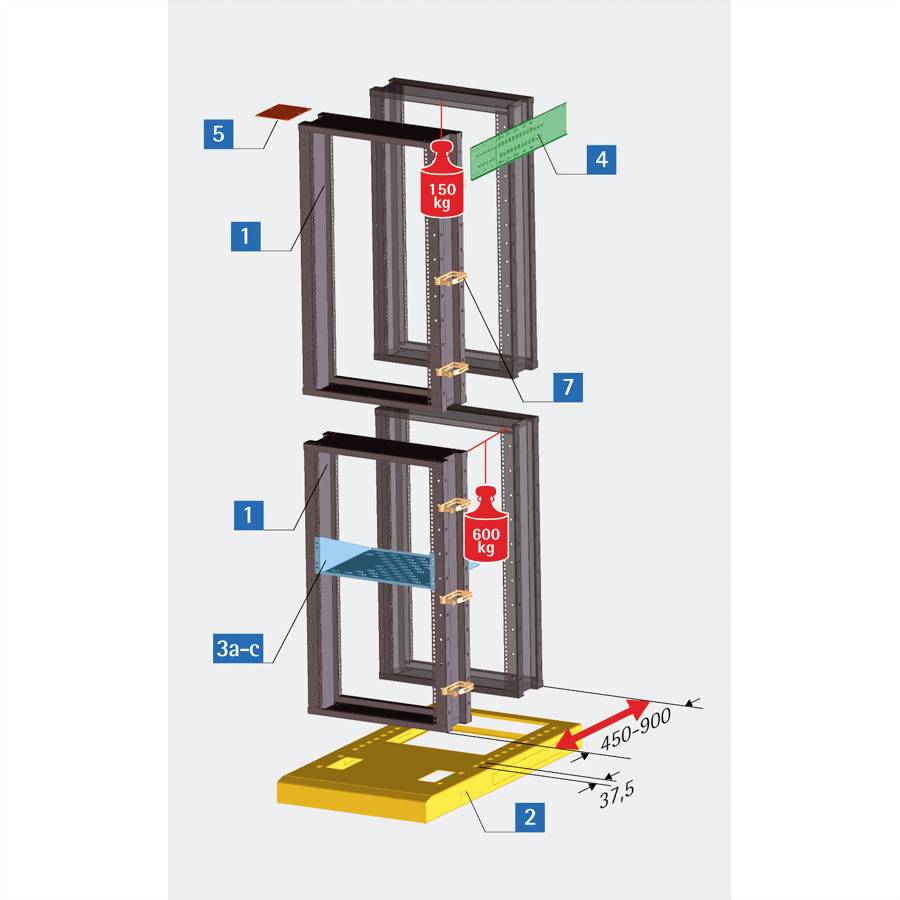 Diagram výťahového systému s hmotnosťami 150 kg a 600 kg. Zobrazuje konštrukciu a časti s očíslovanými komponentmi.