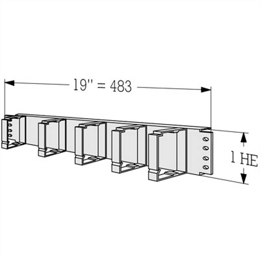 Diagram zobrazuje montážnu jednotku so šírkou 19 palcov (483 mm) a výškou 1 jednotky (HE), ktorá je typická pre konfigurácie serverových regálov.