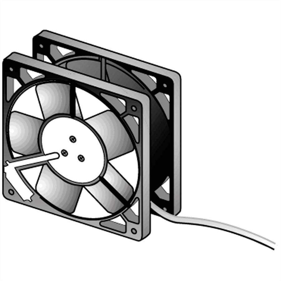Dva počítačové ventilátory v jednej skrinke. Každý ventilátor má niekoľko zakrivených lopatiek rotora a je pripojený káblom.