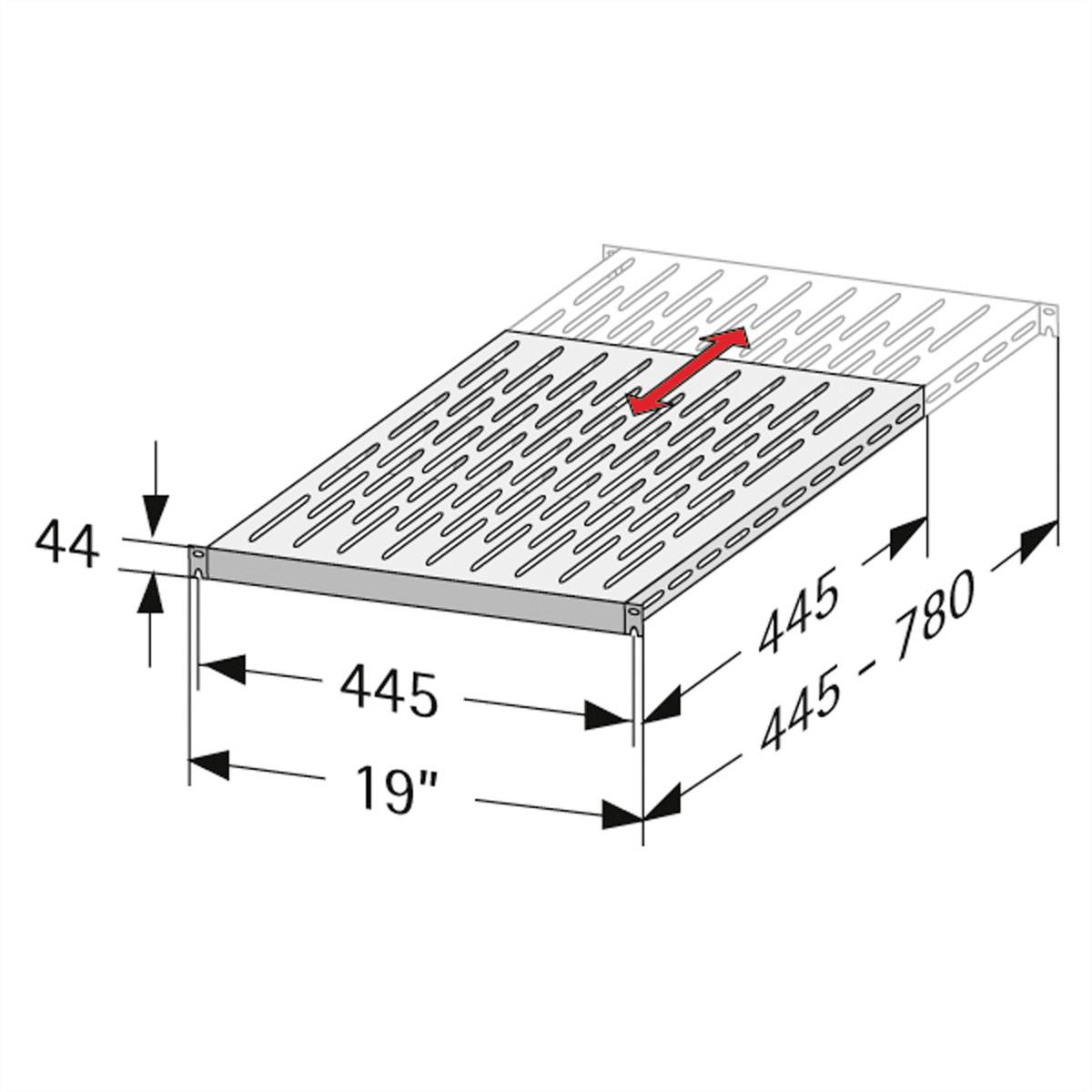 Ilustrácia znázorňuje vetraný priemyselný regál. Rozmery: šírka 445-780 mm, hĺbka 445 mm, výška 44 mm. Šípky ukazujú variabilnú šírku.