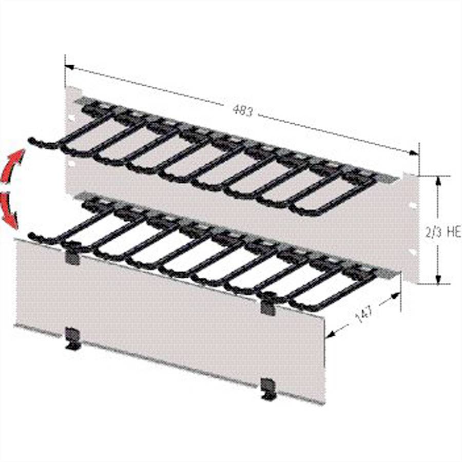 Diagram výsuvného racku s rozmermi 483 mm šírky a 147 mm výšky. Zobrazuje dva rady štrbín pre montáž zariadení.
