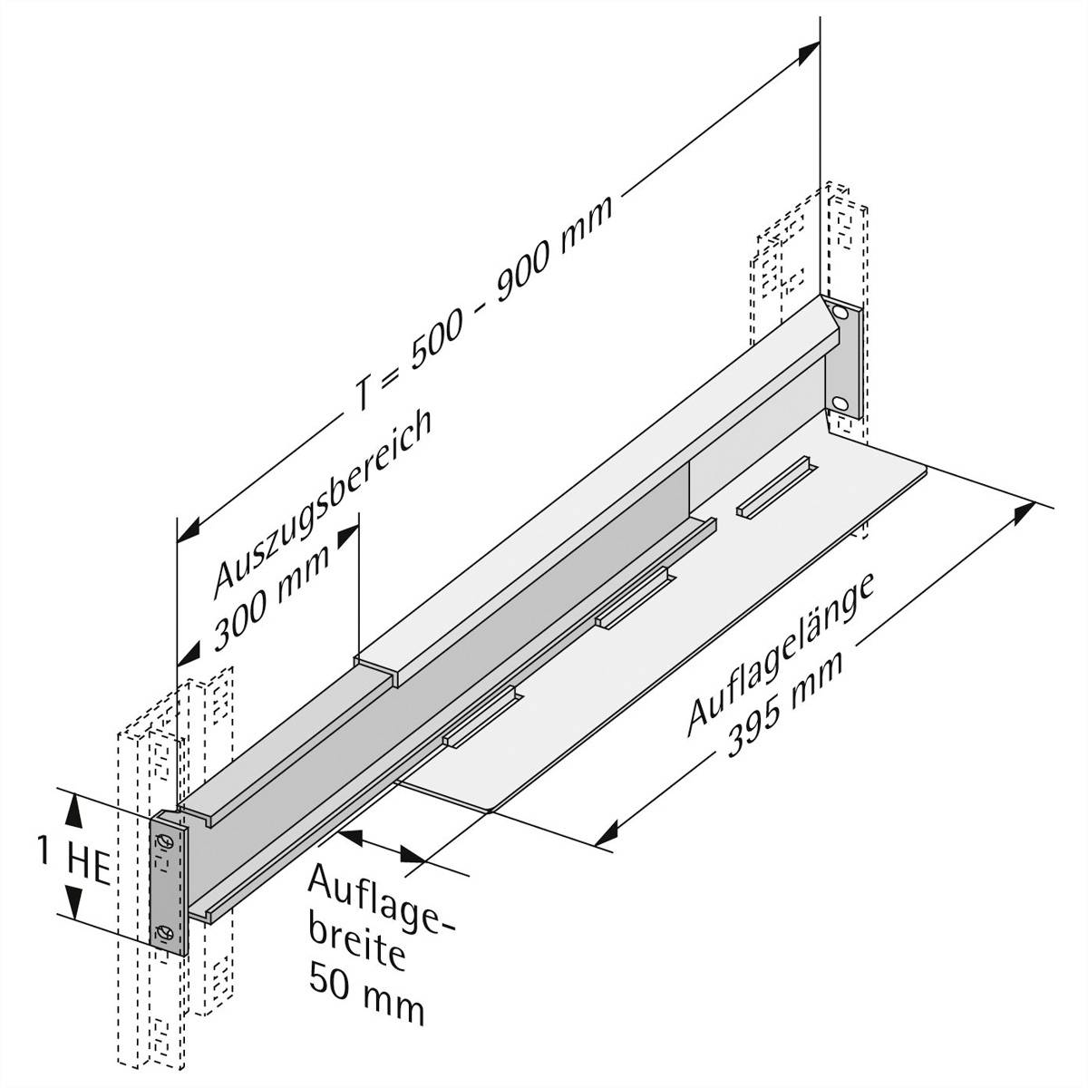 Technický diagram zobrazuje výsuvný regál s rozmermi: H = 500-900 mm, rozsah výsuvu 300 mm, dĺžka podložky 395 mm, šírka podložky 50 mm.