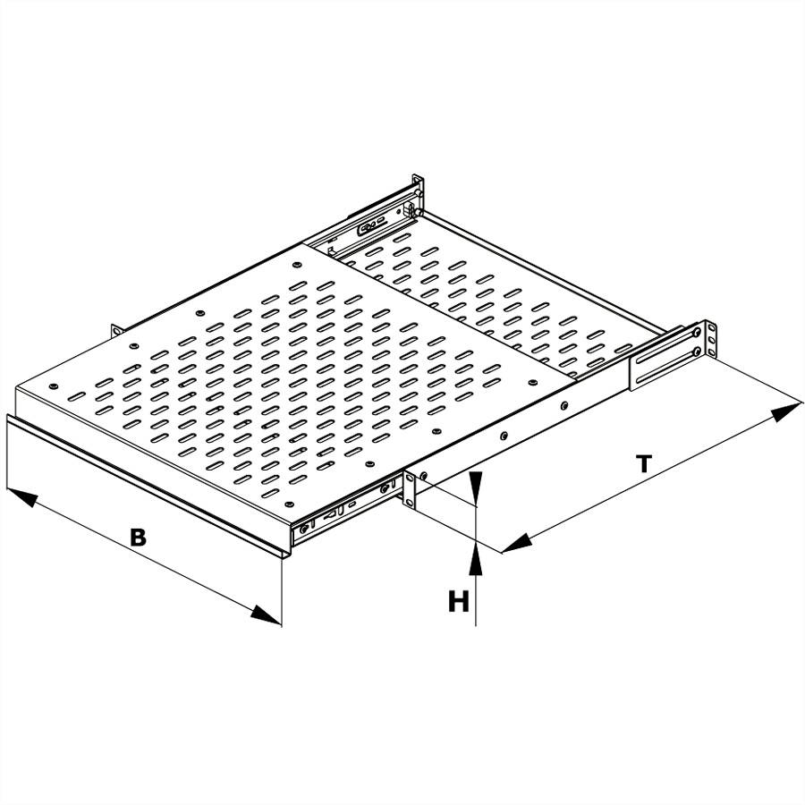 Konštrukčný výkres ventilačného priestoru. Zobrazuje šírku (Š), hĺbku (H) a výšku (V) priestoru. Obdĺžniková doska s vetracími otvormi.