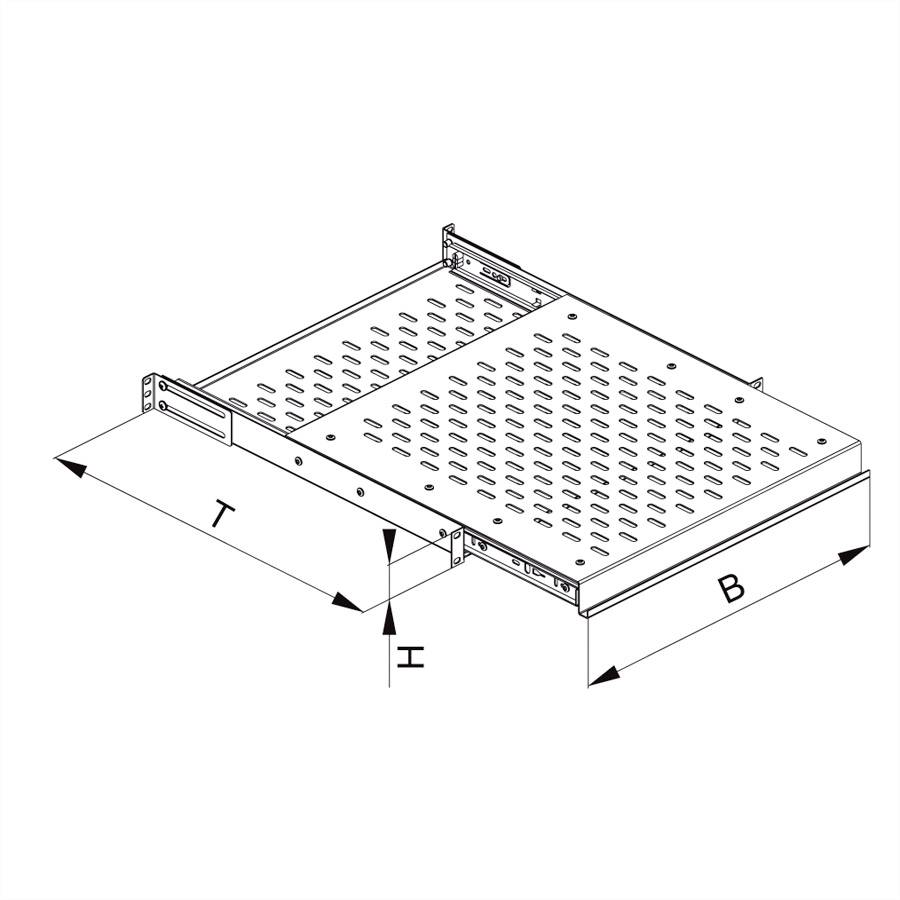 Diagram nastaviteľného výsuvného priečinka s rozmermi: šírka (Š), hĺbka (H), výška (V). Navrhnutý s perforovanou plochou.