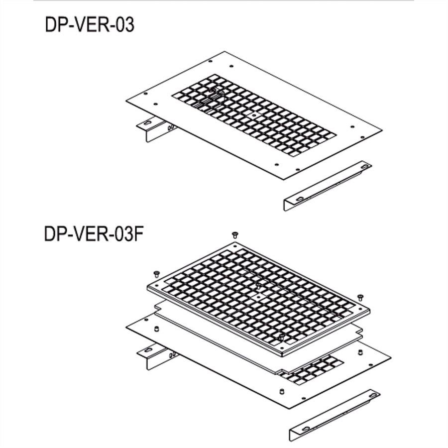 Diagram dvoch montážnych metód pre produkt s názvom 'DP-VER-03' a 'DP-VER-03F'. Horný obrázok zobrazuje jednoduchšiu konštrukciu, spodný znázorňuje viacvrstvovú montáž.