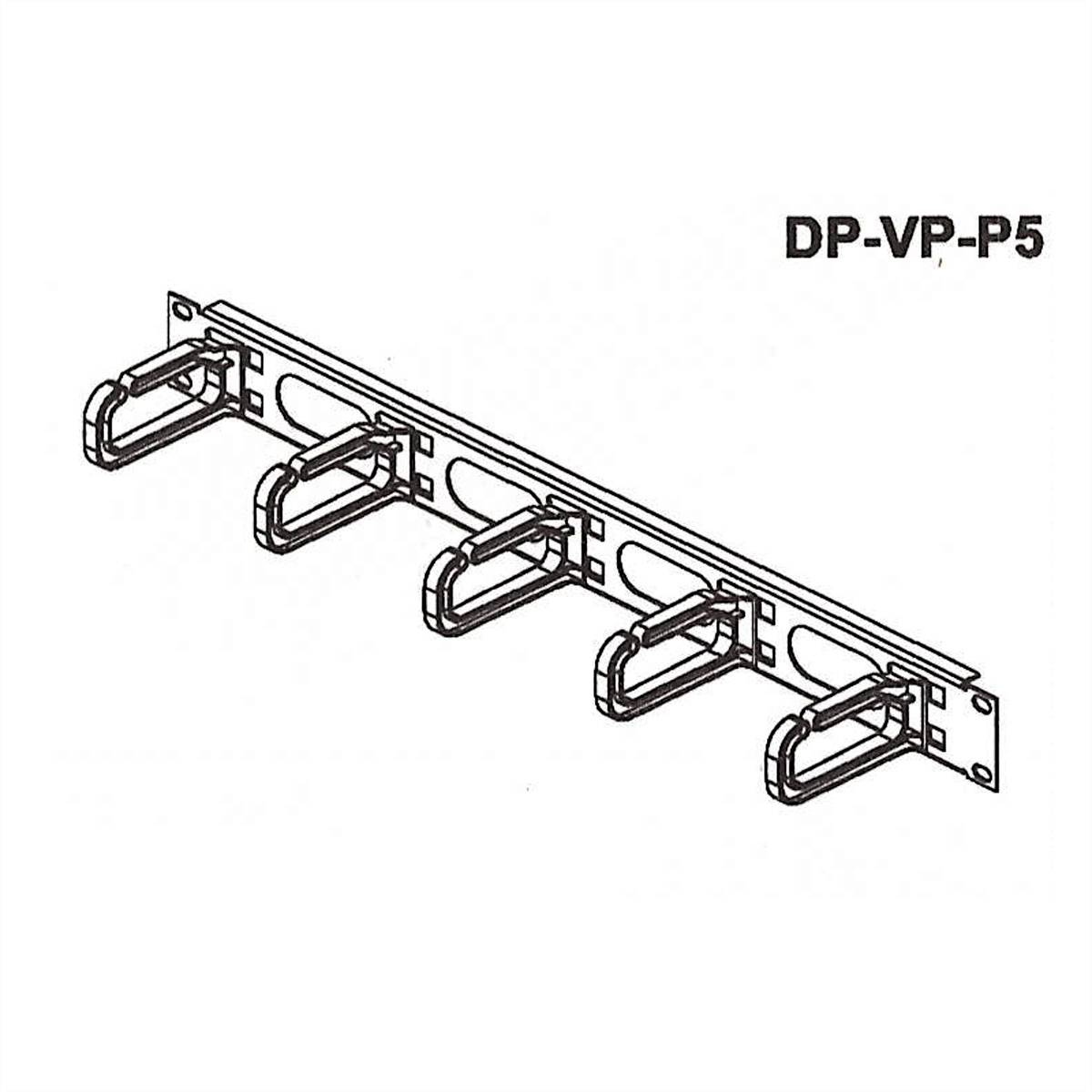 Výkres panelu na správu káblov s piatimi držiakmi na horizontálnej lište, označený ako 'DP-VP-P5'.