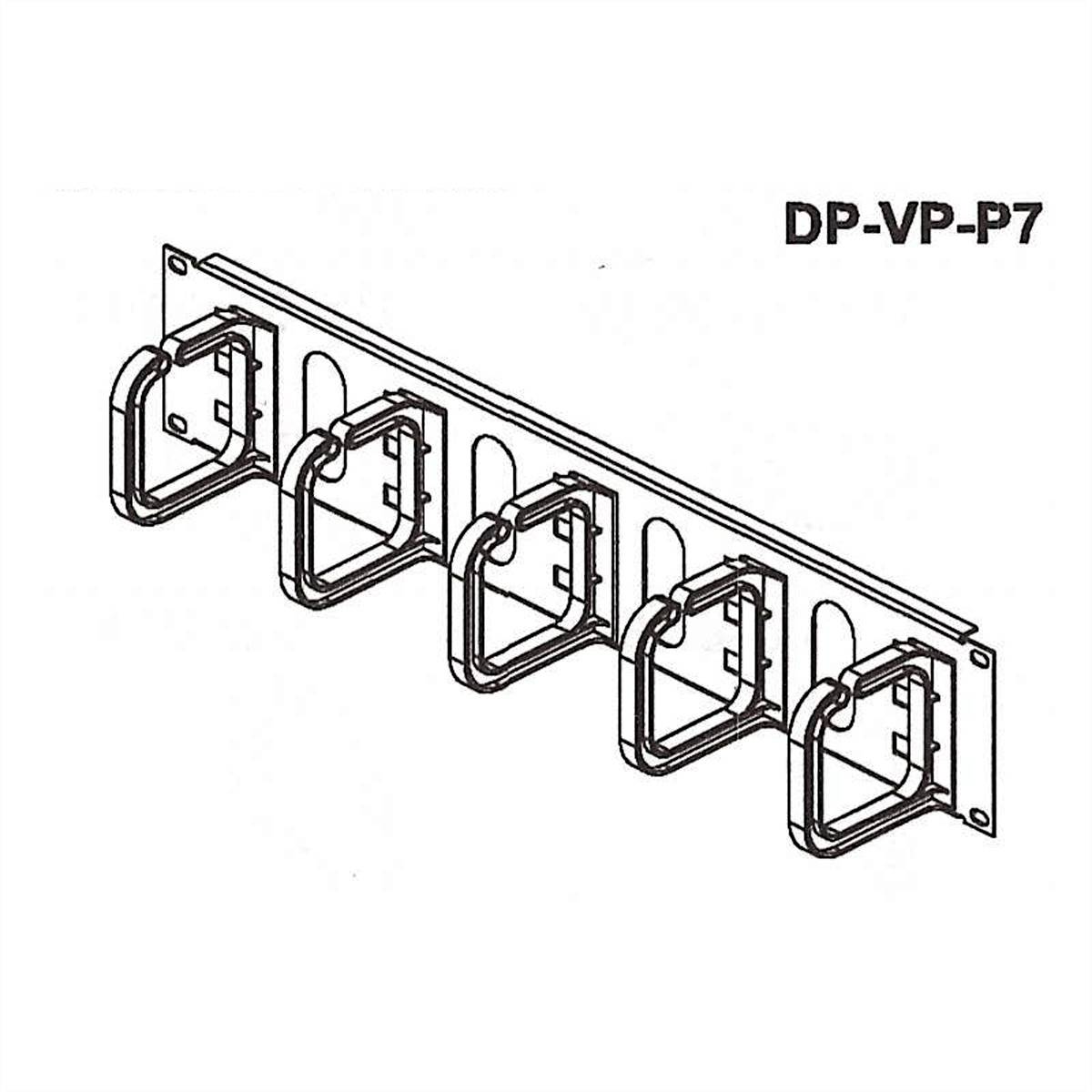 Kovová lišta s piatimi vertikálnymi vedeniami káblov, modelový kód 'DP-VP-P7', určená na organizáciu káblov v racku.