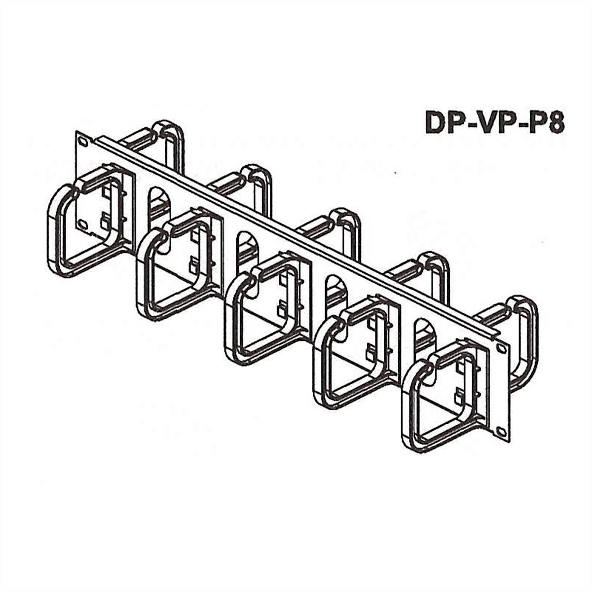 Čiernobiela kresba panela na správu káblov s viacerými držiakmi káblov. Text: "DP-VP-P8".