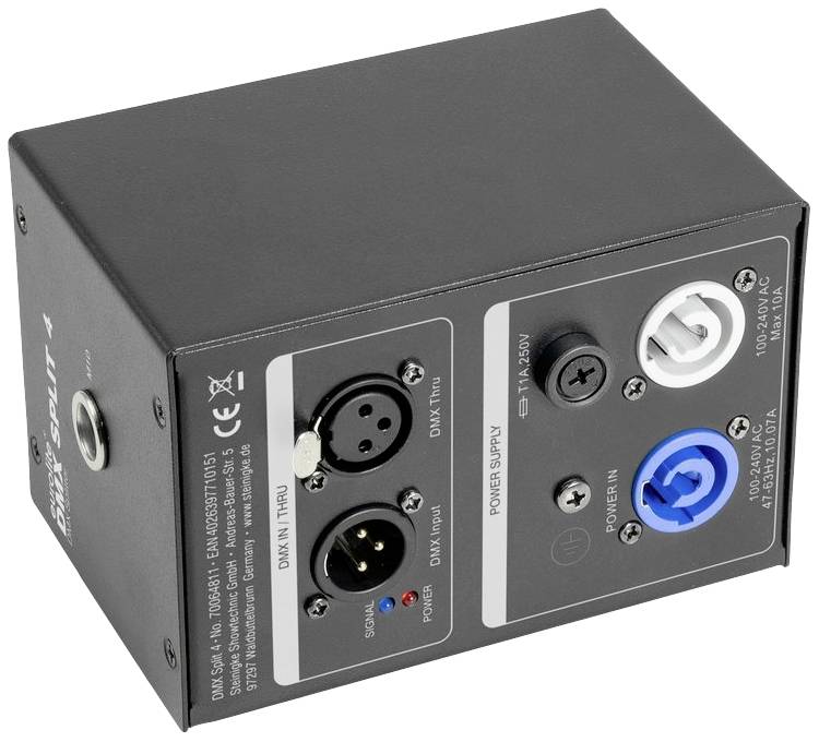 Čierna krabica s prípojkami: DMX IN, DMX OUT XLR konektory, napájací vstup DC IN s modrým a bielym otočným zámkom a LED indikátormi.
