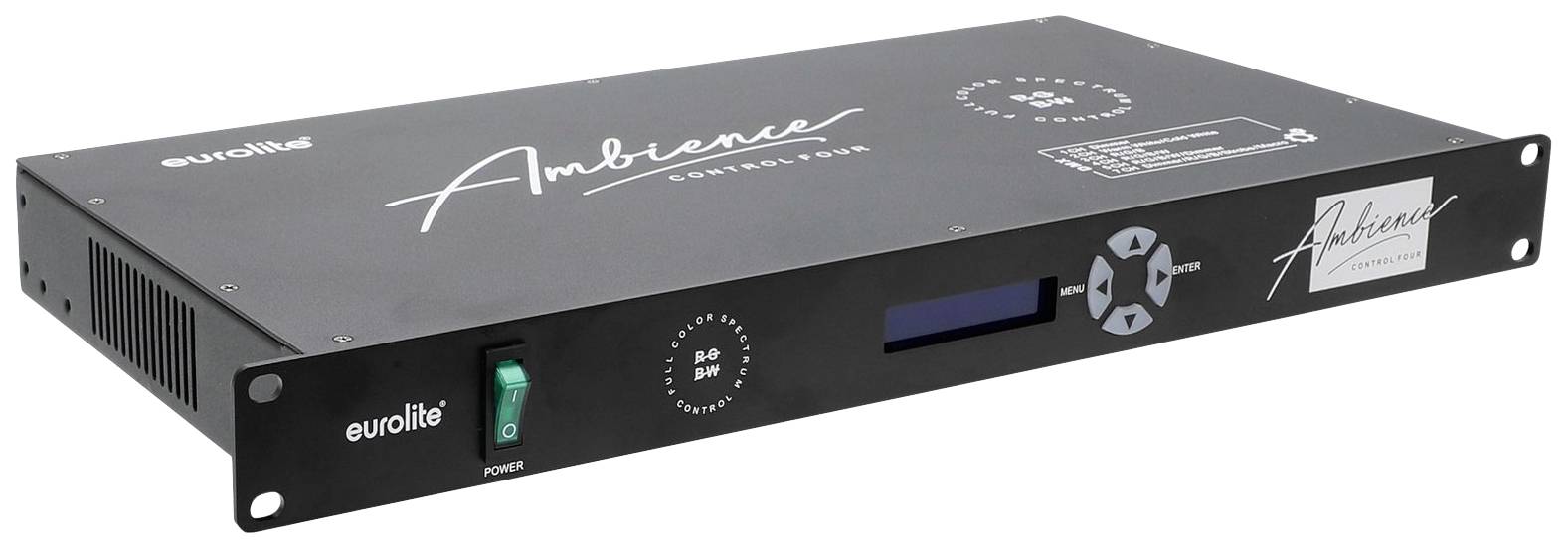 Čierne zariadenie veľkosti 19 palcov s nápisom 'Ambience Controller'. Vľavo sieťový vypínač, vpravo displej a ovládacie prvky.